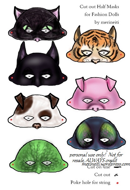 halloween masks for dolls, animal masks, cat mask, bat mask dog, pig, tiger, fly, lizard. Free printables!
